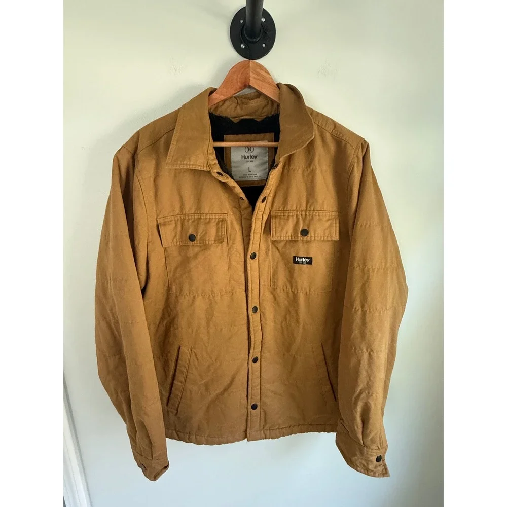 Hurley Mens Sherpa Lined Quilted Canvas Chore Jacket Brown Tan Large L Coat - Picture 1 of 6